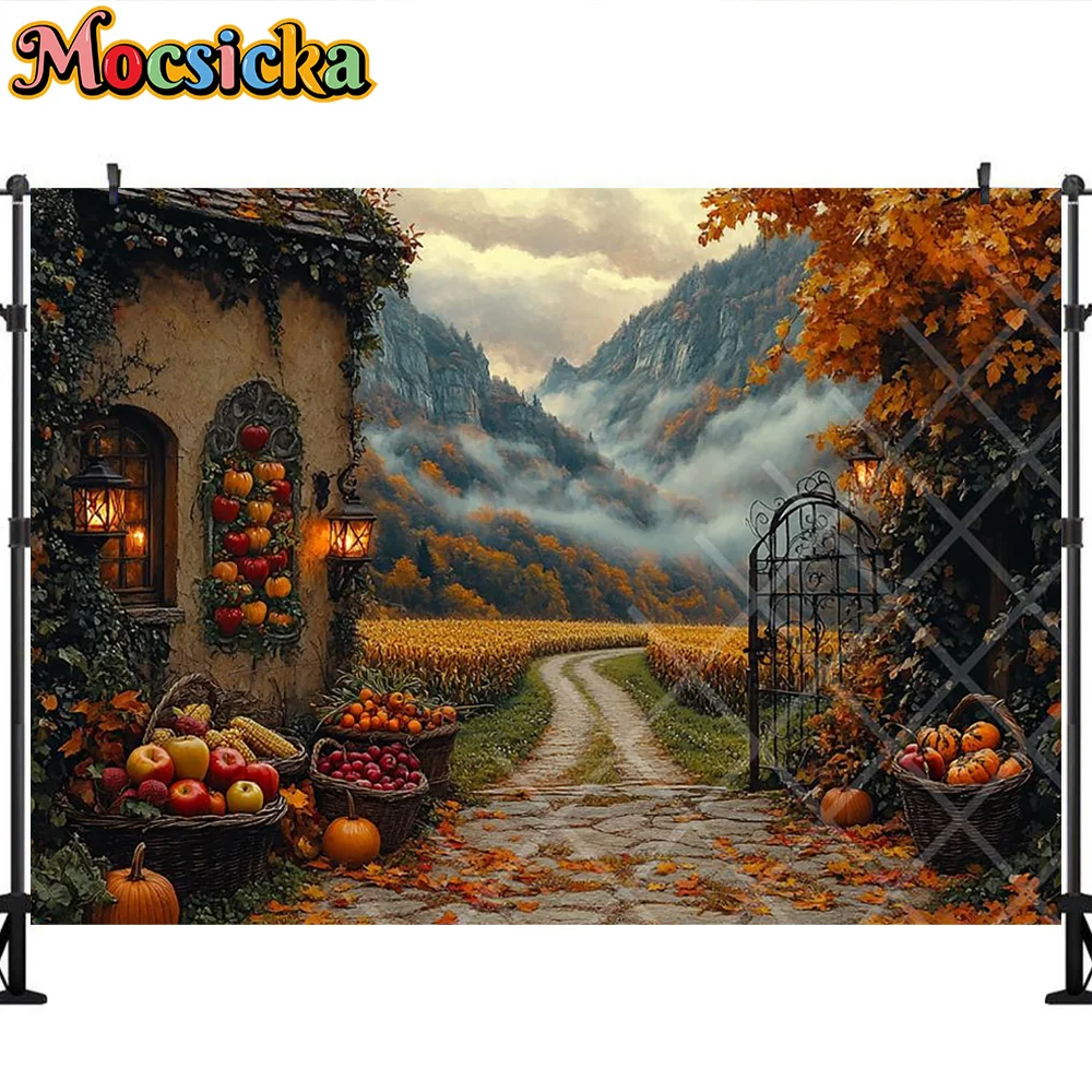 Mocsicka Photography Backdrop Autumn Pumpkin Maple Leaf Decoration Children's Fall Portraits Photo Backgrounds For Photographs