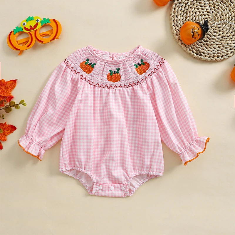 Toddler Baby Girl Halloween Romper Plaid Pumpkin Embroidery Long Puff Sleeve Smocked Romper Cotton Linen Bodysuit