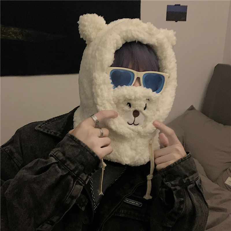 Cartoon Bear Ear Lamb Beanie Hat With Mask Warm Balaclava Winter Thickened Ear Protection Autumn Skullies Beanies for Women Girl