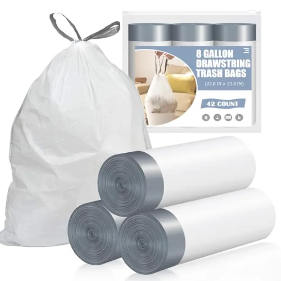Drawstring 8 Gallon Trash Bags 42 Count Pre-separated Medium White Unscented Garbage Bags for Kitchen Bathroom Indoor Use