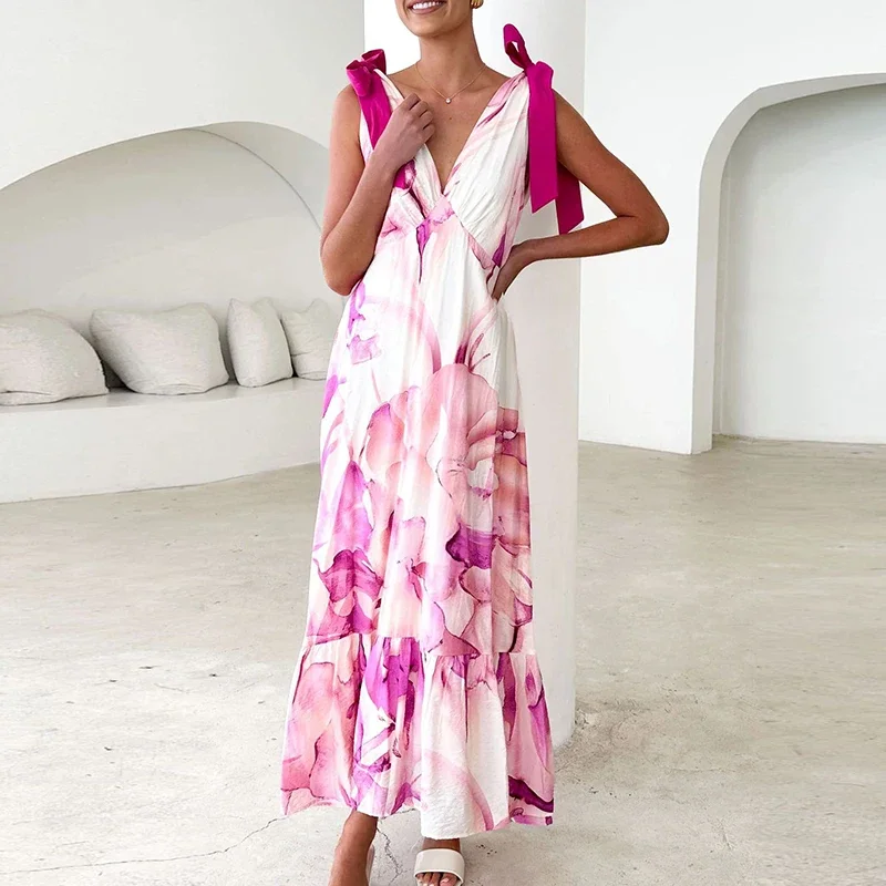 

LIBIELIY Vintage Pattern Print Bohemian Party Dress Elegant V-neck Sleeveless Suspender Dress 2025 Fashion Bow Tie-up Pleated L
