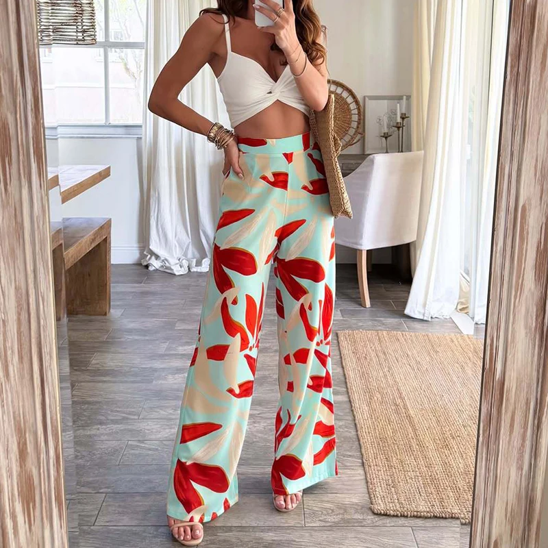 

High Street Fashion Leaf Printed Wide Leg Long Pants Casual Loose Commuting Women's Straight Pants Summer New Bohemian Trousers