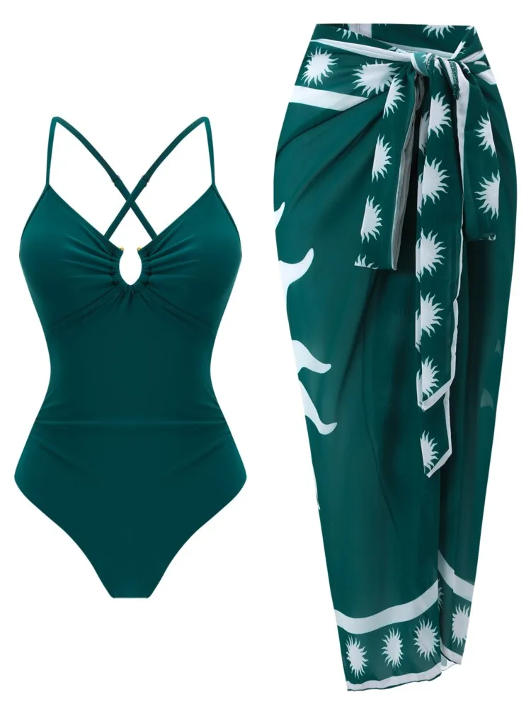 Retro Bikini Printed Fashion Two Piece Swimsuit And Cover Up With Skirt Tight Women's Bandage Summer Beach Luxury Elegant
