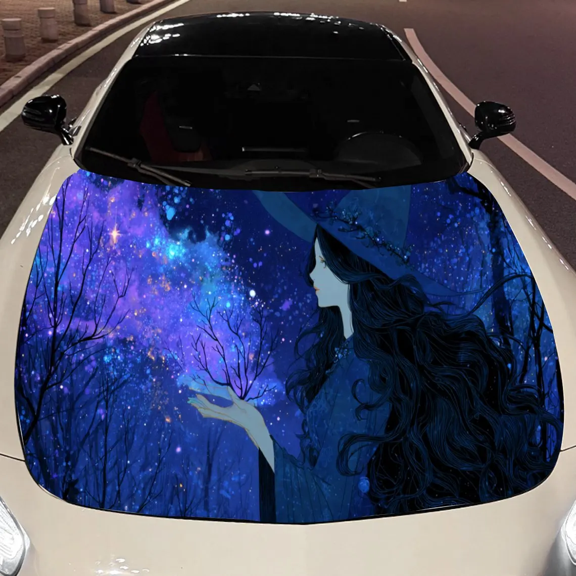 

Mysterious Witch with Starry Sky Car Hood Vinyl Wraps Sticker, Fashionable Auto Cover PVC Decal, Waterproof Self-adhesive Vehicl