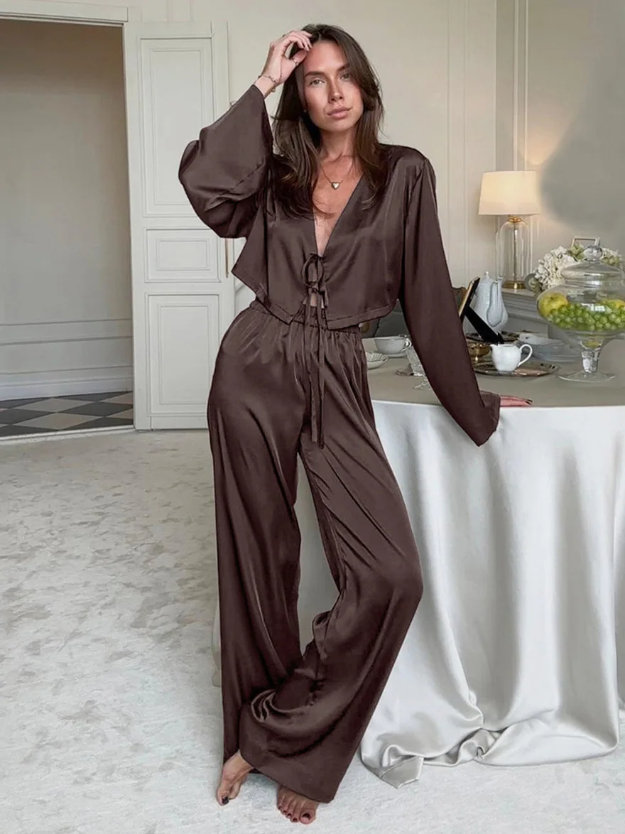 

Women's Long Sleeve Long Pants Sleepwear Set with Belt Open Cardigan Home Clothes V-neck Home Clothes Suitable for All Seasons