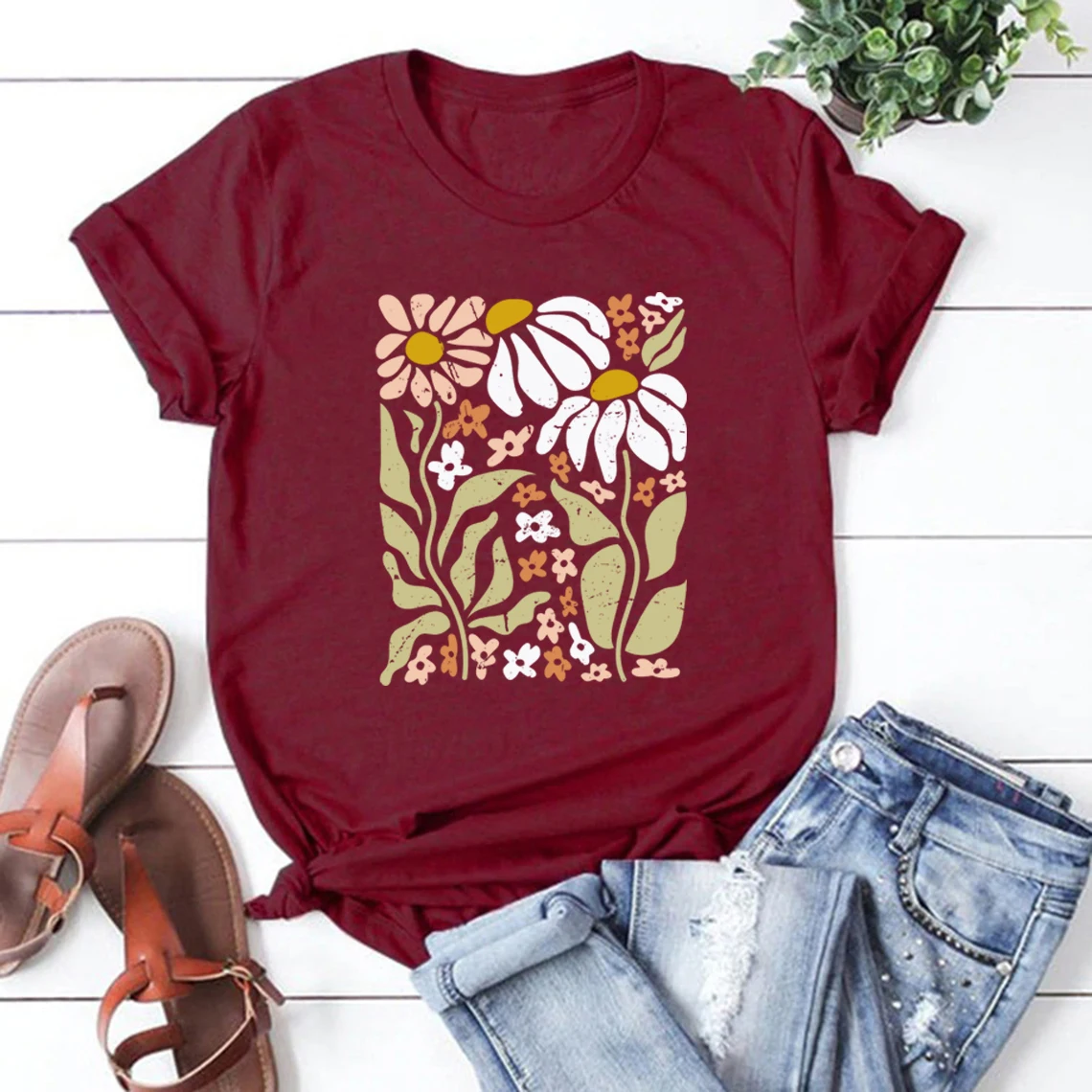 Camiseta flor selvagem boho flores silvestres floral natureza camisas vintage manga curta camisetas femininas flores selvagens roupas femininas