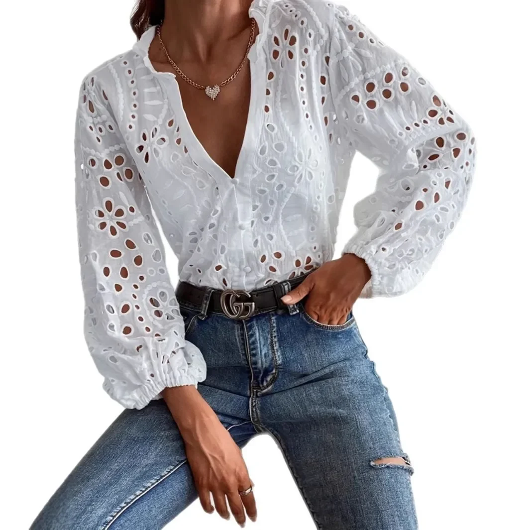 Weißes Hemd für Damen, V-Ausschnitt, Knopfleiste, lange Ärmel, schmale Passform, Bluse, Frühling, Sommer, Herbst, modische Damenbekleidung