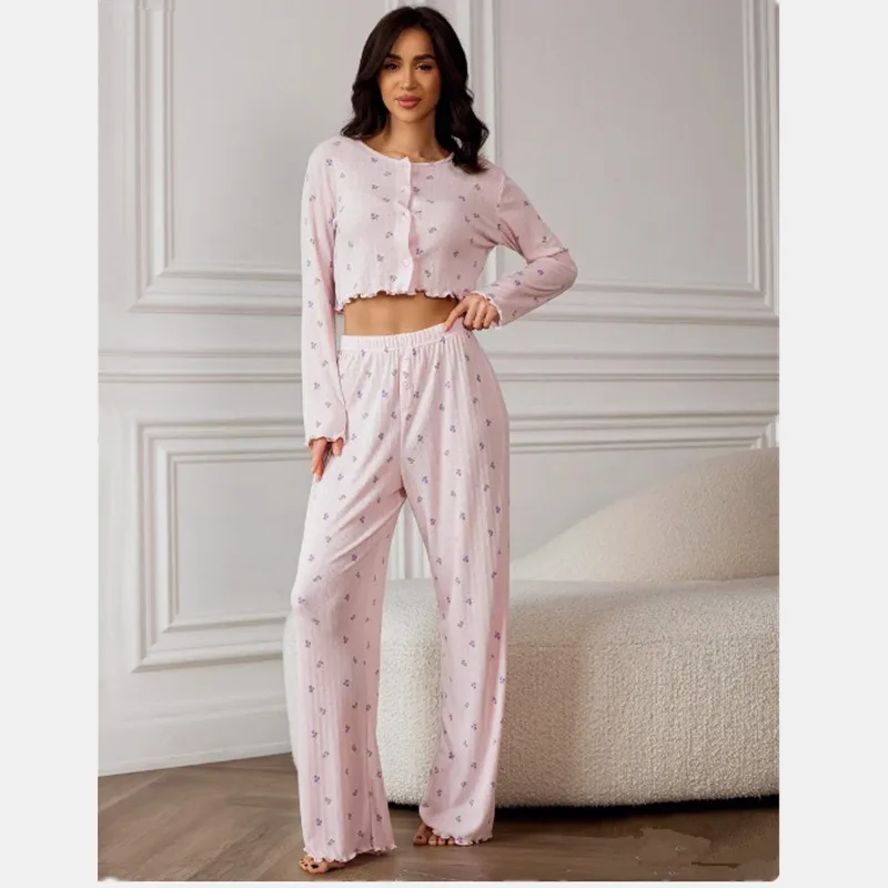 

Женская осенняя трикотажная одежда для дома с длинными рукавами и принтом, брюки с длинными рукавами, комплект из 2 предметов, удобный свободный кардиган, брюки, пижамы