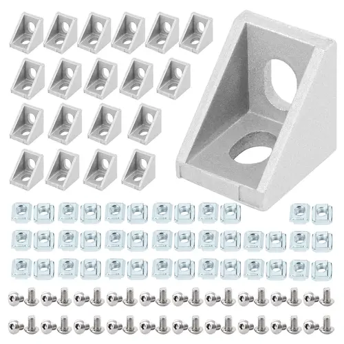 Imagen 2 del producto Juego de conectores de perfil de aluminio 100 Uds 2020: 20 piezas soporte de esquina + 40 tuercas con ranura en T M5 serie 20 + 40 Uds. Tapa de enchufe hexagonal M5x8mm
