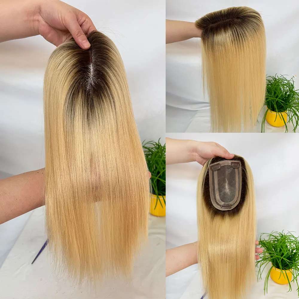 Ombre Ash Blonde Human Hair Toppers 4x6 inch 3 Clips Hair Piece Mono Base 14inch Toppers for Women Hair Loss