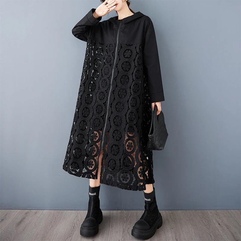 

SuperAenLace Лоскутное свободное модное пальто с капюшоном для женщин Осенний новый элегантный длинный плащ с вырезами