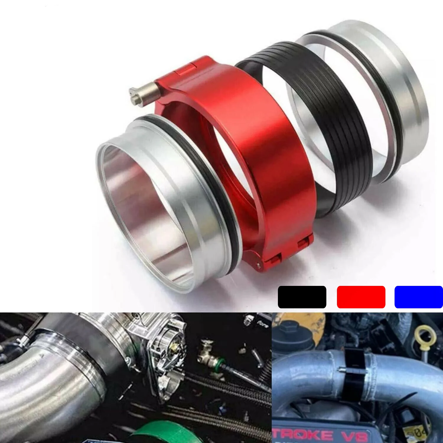 

Engine 4'' 102mm Aluminum Quick Release HD V-Band Clamp Kit for Intake Intercooler Pipe Black Red Blue