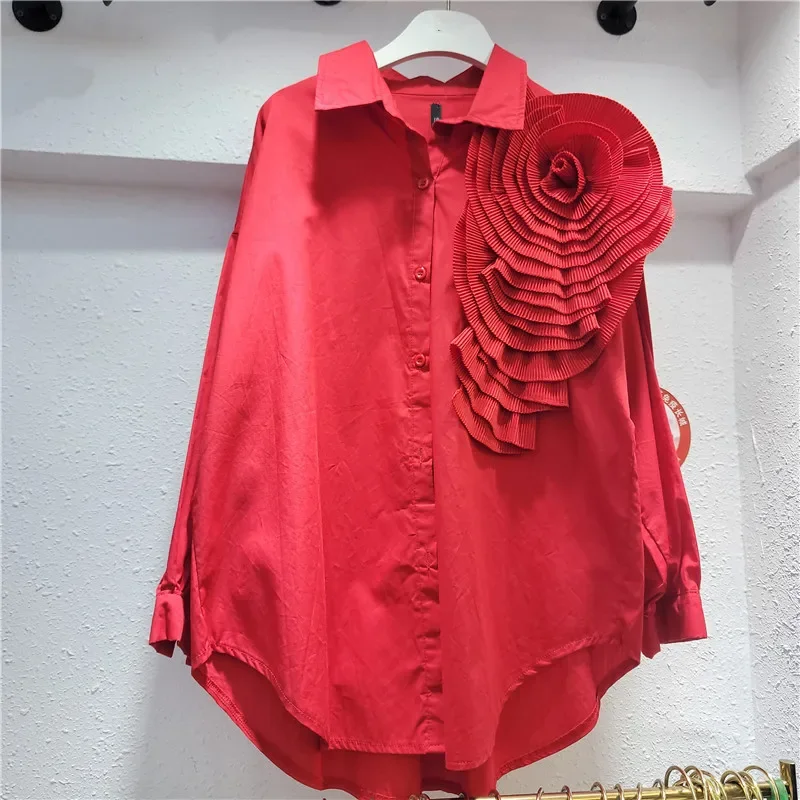 Flower Women Shirt Unique Stunning Solid Long Sleeved  Fashion Blouses Creative Loose Personality Streetwear Autumn Winter