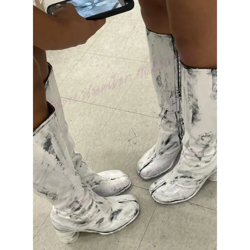 Tie-dye Knee High Tabi Boots Split Toe Chunky High Heels Shoes for Women Matte Leather Vintage Shoes 2023 Zapatos Para Mujere