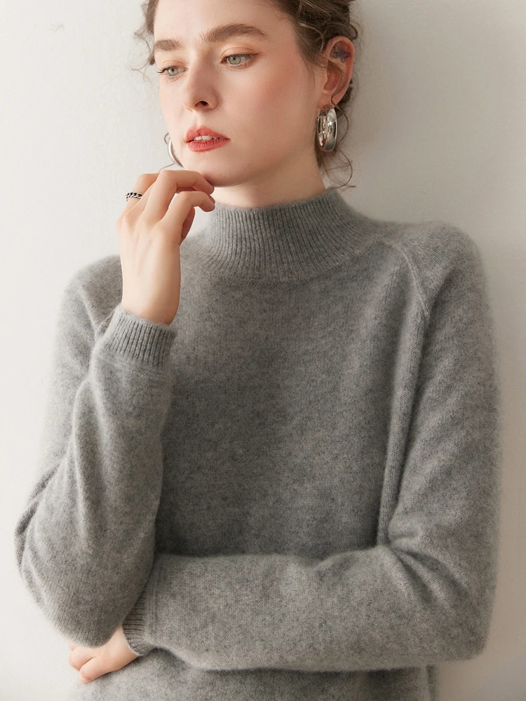 Meetcc feminino 100% cashmere cor sólida pulôver mock neck camisola outono inverno macio aconchegante topos de manga longa jumper casual