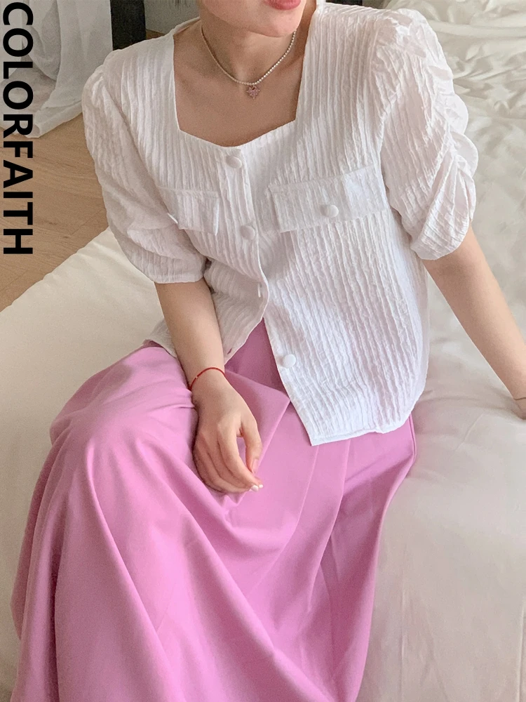 Colorfaith BL6015DG New 2023 Chic Sweet Square Collar Elegant Korean Fashionable Women Spring Summer Blouses Shirt Short Tops