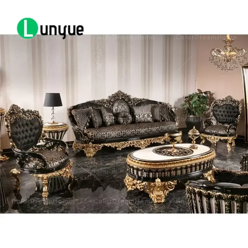 European Classic Luxury Living Room Sofa Set Antique Wood Frame Elegant Design Comfortable Seating for Home Decor