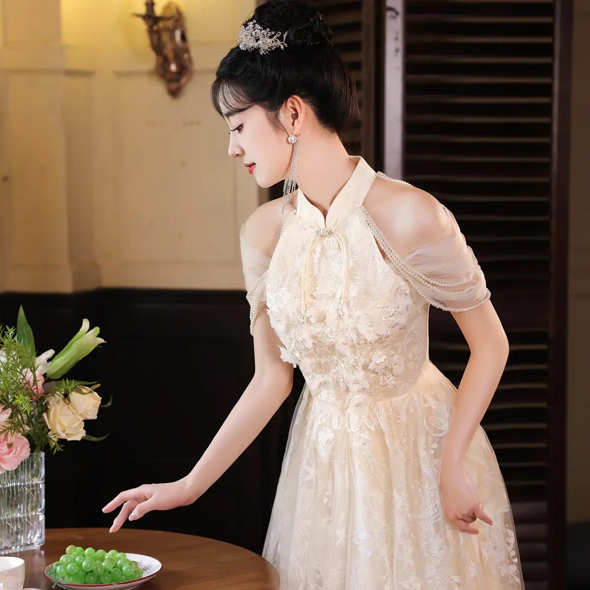 

Women's Luxury Tassel Off Shoulder Dress Evening Banquet Dress Gown A-Line Mesh Chesongam Mandarin Collar Vestidos De Festa