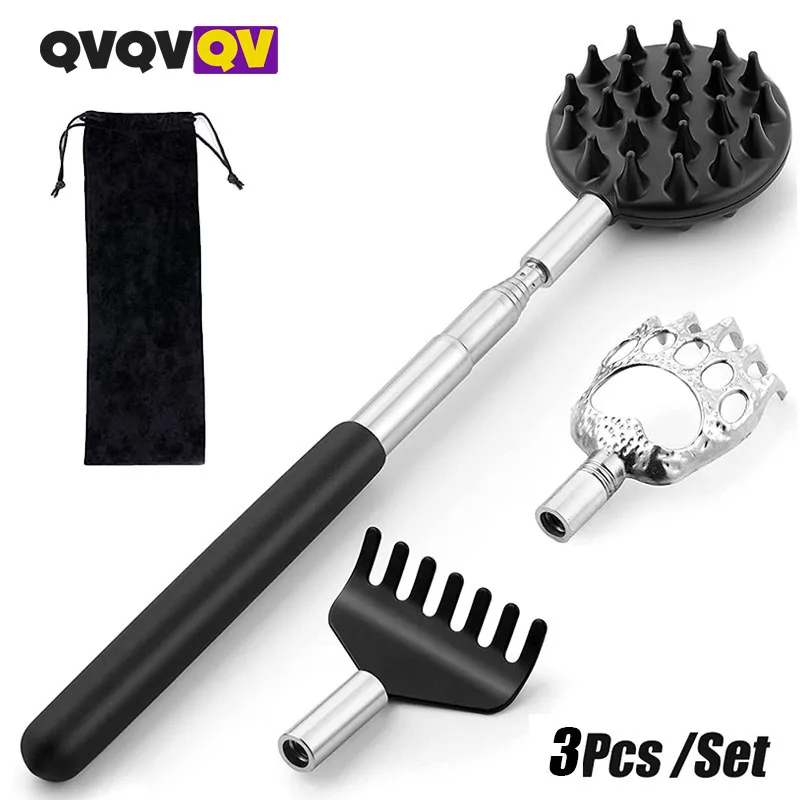 Stainless Steel Telescoping Back Scratcher with 3Pcs Detachable Scratching Heads, Back Scratcher Stocking Stuffers for Men/Women