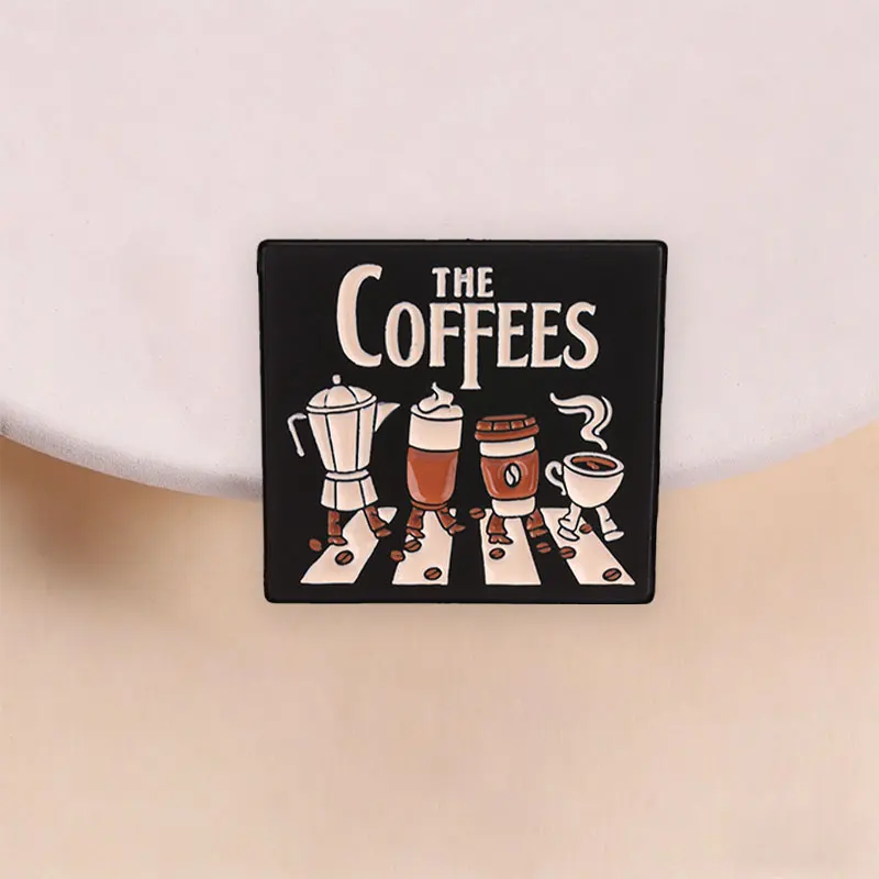 The Coffees Abbey Road Enamel Pin Cartoon Funny Coffee Walking Zebra Crossing Coffee Lover Brooch Lapel Badge Jewelry Gift