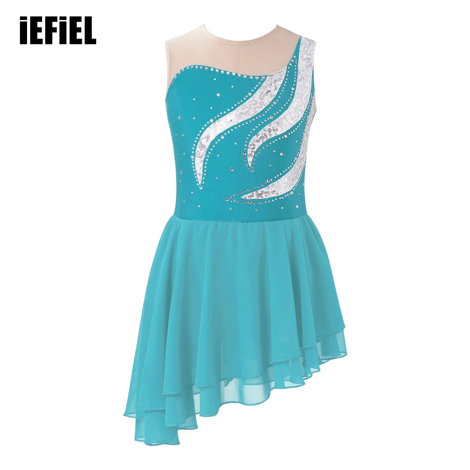 

Kids Girls Sequin Dance Dress Rhinestone Ice Skating Dancing Clothing Sleeveless Hollow Back Tiered Slanted Hem Figure