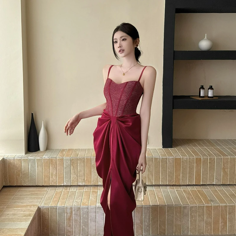 2026 Summer New Fashion Halter Light Luxury Evening Skirt French Style High-end Lace Patchwork Elegant Red Dress for Women