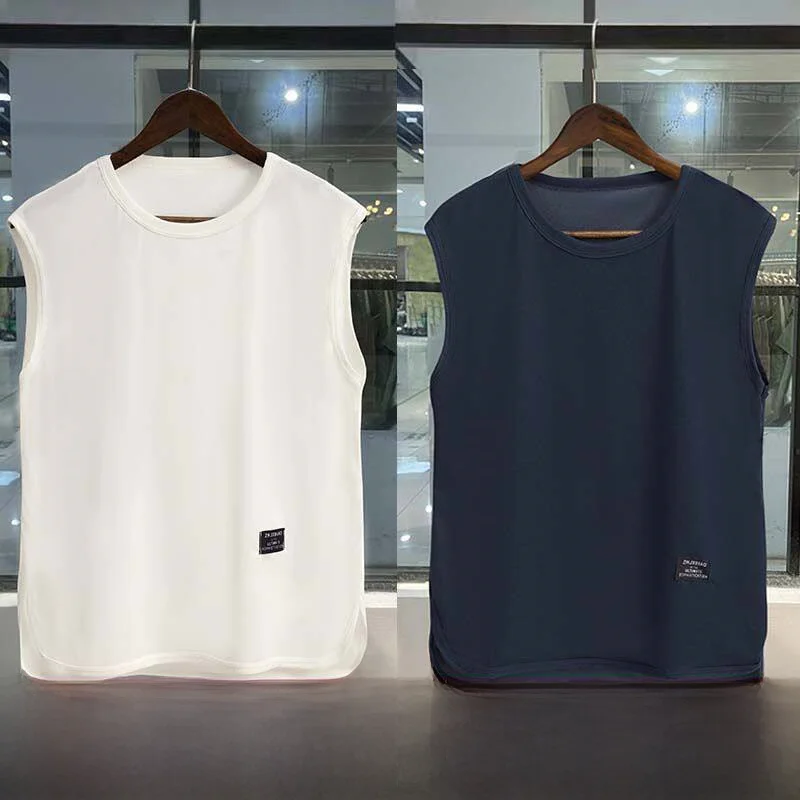 American Retro Ice Silk Vest Men Summer Thin Sleeveless T-Shirt Boys Washed Vintage Sports Shoulder Pad Breathable Quick Dry