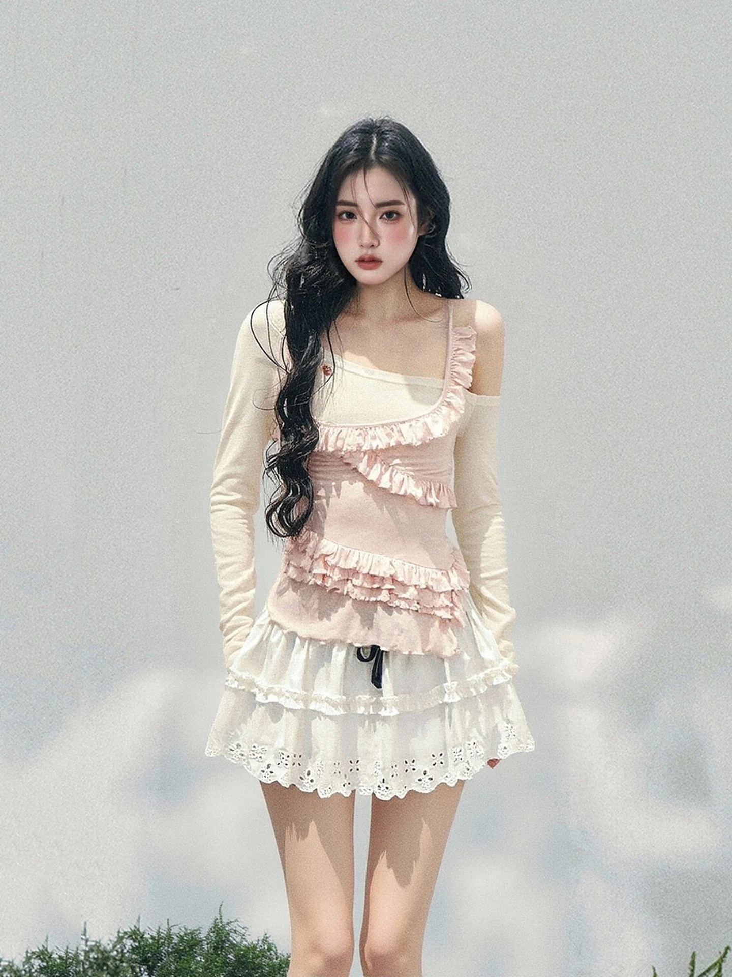 

Sweet T-Shirt Women's Slim Fit Long Sleeve Shoulder Bared Spring New Style Fake Two-Piece Irregular Wood Grain Ruffle Casual Top