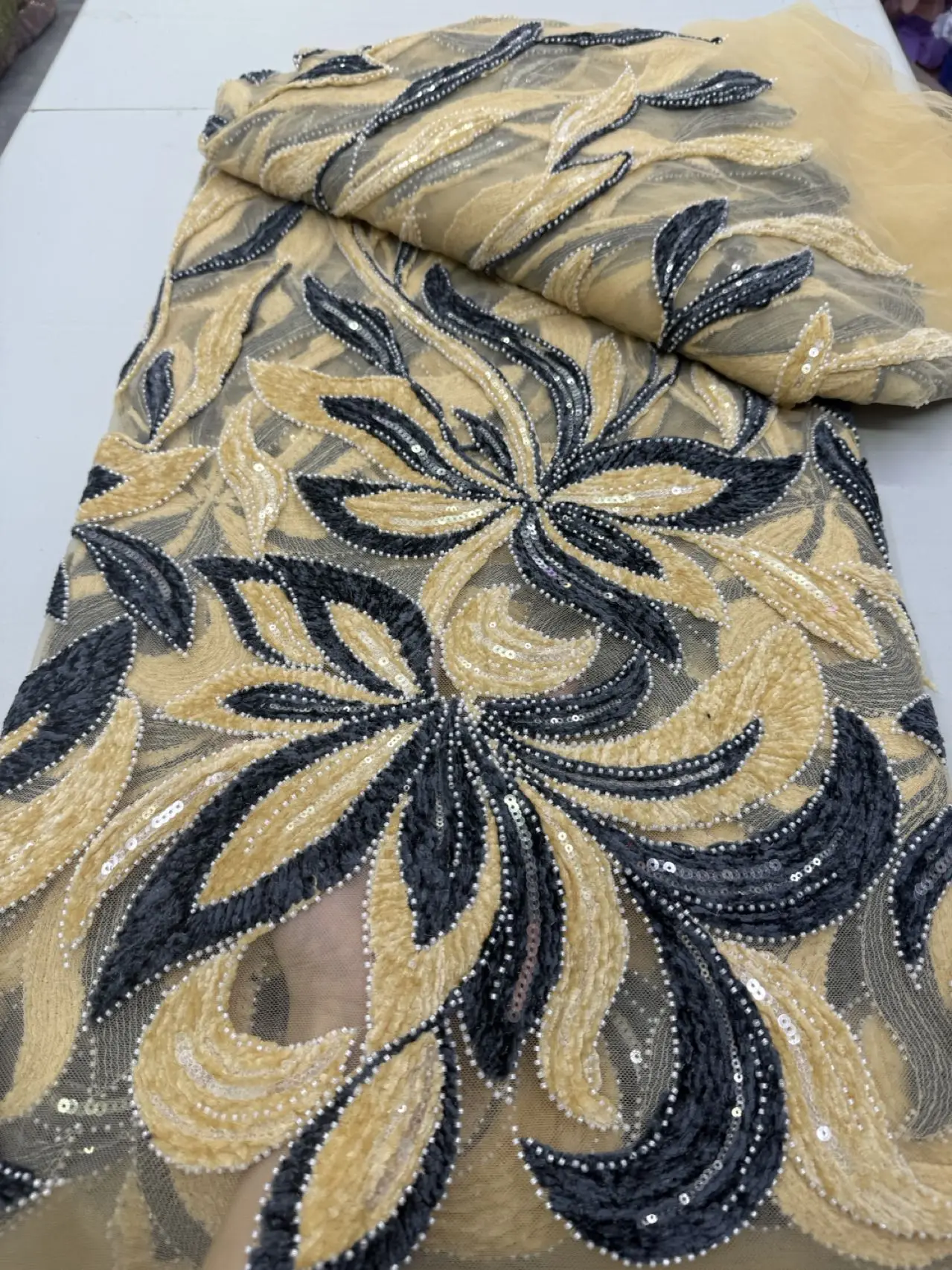 

Latest 2025 High Quality African Nigerian With Tulle Sewing Lace Fabric Guipure Embroidery Beads Dresses Sequins 5Yards JY492