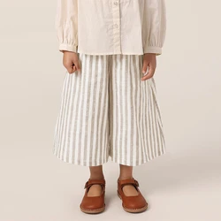 Girls Cotton And Linen Striped Casual Wide Leg Pants 2024 Summer New Children's Elastic Waist Loose Retro Linen Trousers TZ406