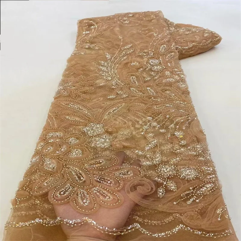 Pink Sequins Latest African Lace Fabric Beads High Quality Embroidery For Women Brocade White Mesh Lace Fabrics Nigerian 5 Yards