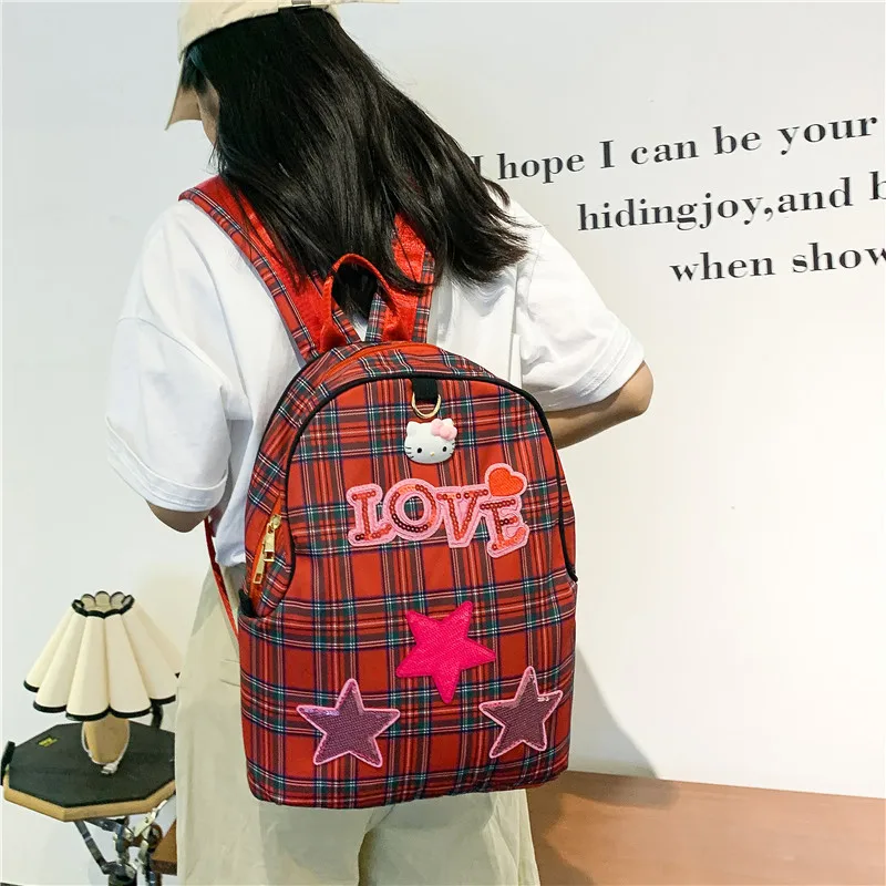 Sanrio Hello Kitty New Cartoon Cute Student School Bag Girls Classic Fashion Casual Lightweight Checked Nylon Backpack