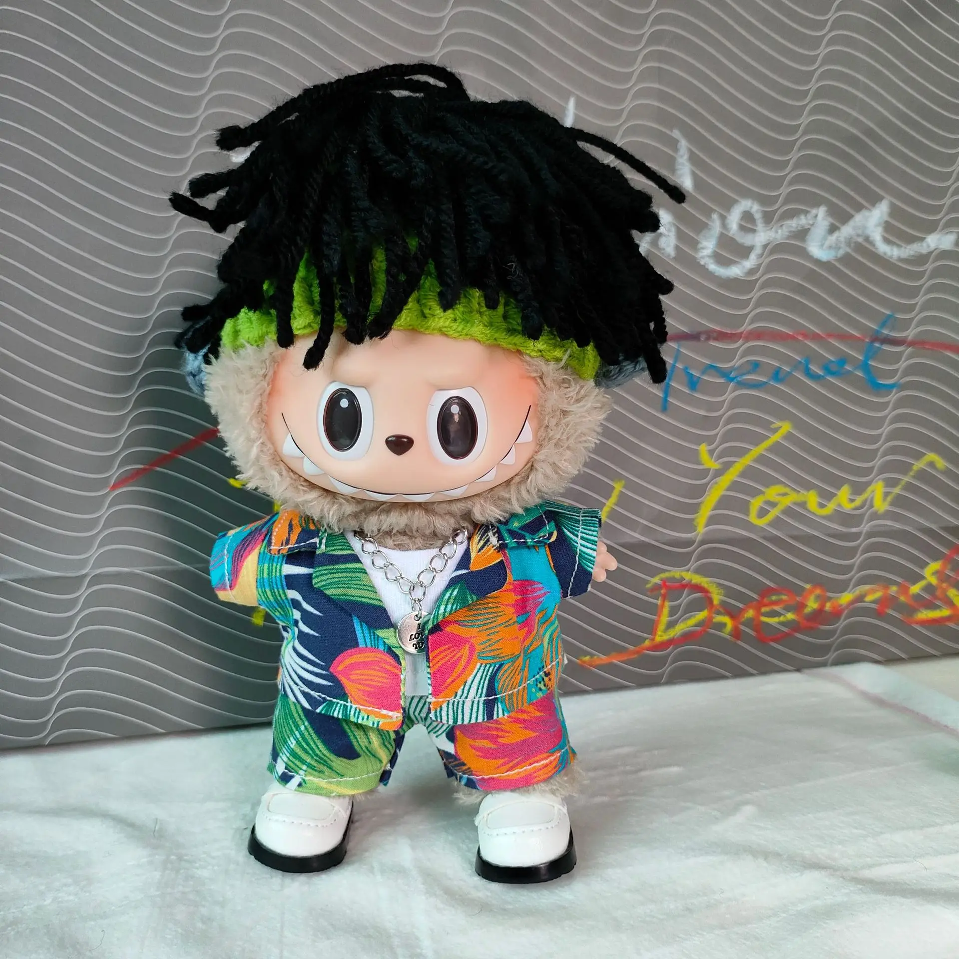 

17cm Labubu Doll Tropical Rainforest Outfit Hip Hop Dreadlocks Hat for Vinyl Figure Hanging Keychain Decor Changeable Set
