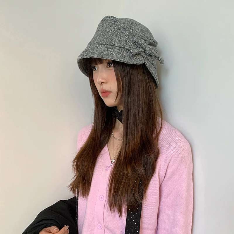 Otoño Invierno estilo francés Hepburn mujeres salida todo fósforo Retro sombrero de Panamá Bowknot sombrero de cubo ancho ala plegable sombrero de copa plana