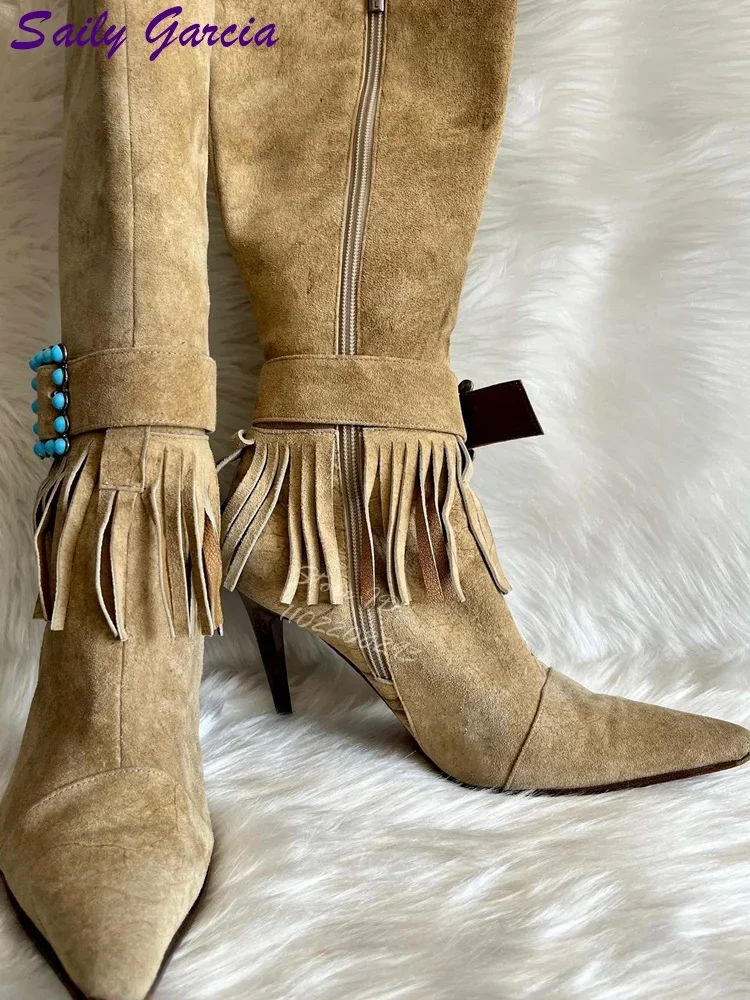 레트로 프린지 로마 부츠 블루 크리스탈 버클 스트랩 무릎 높이 부츠 지적 발가락 사이드 지퍼 하이힐 패션 캐주얼 신발 2025