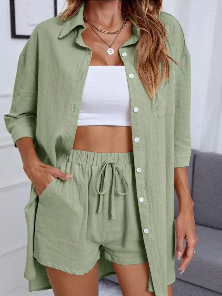 Spring Summer Fashion Single Breasted Shirt Long Sleeve Women\'s Suit Casual Pocket Lace Up Shorts Sports 2 Piece Set Female