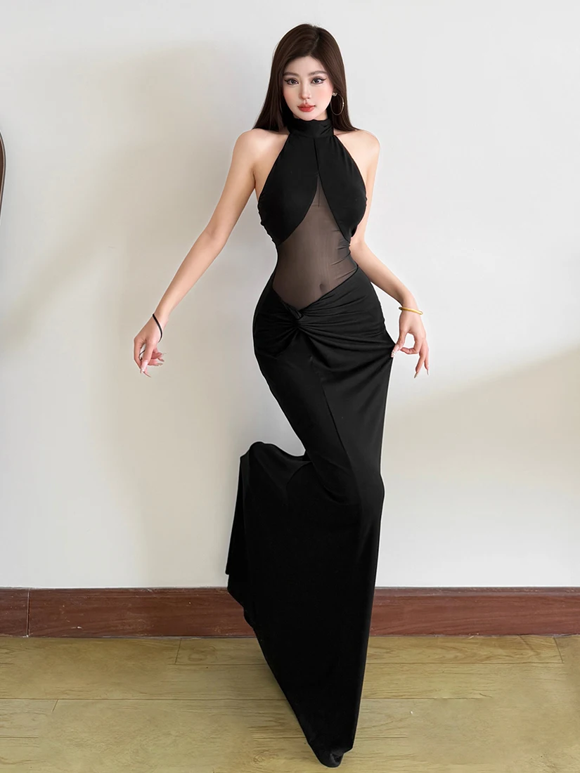 

Сексуальное необычное длинное платье H-силуэта с прозрачным тюлем и дизайном с открытыми плечами для женщин, с завышенной талией, из полиэстера