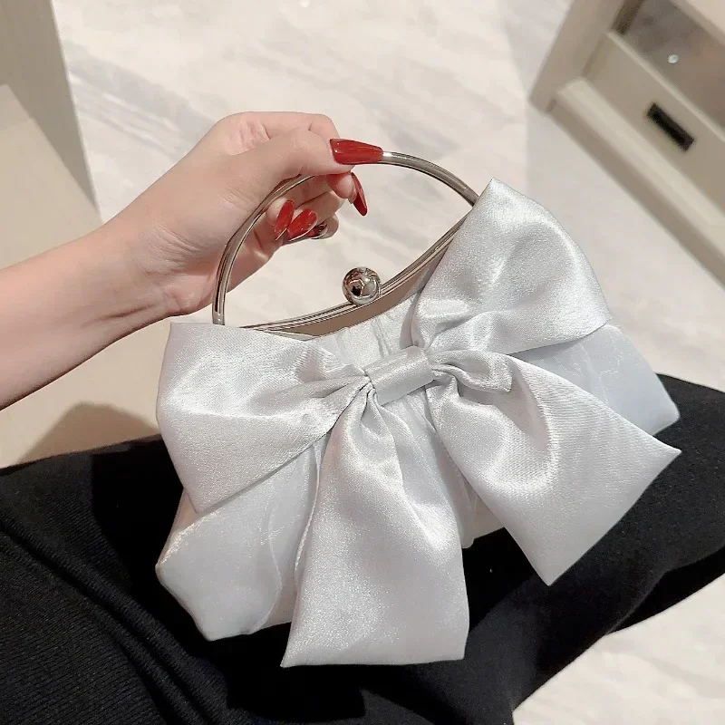 White Satin Bow Fairy Evening Bags Clutch Metal Handle Handbags for Women Wedding Party Bridal Clutches Purse Chain Shoulder Bag