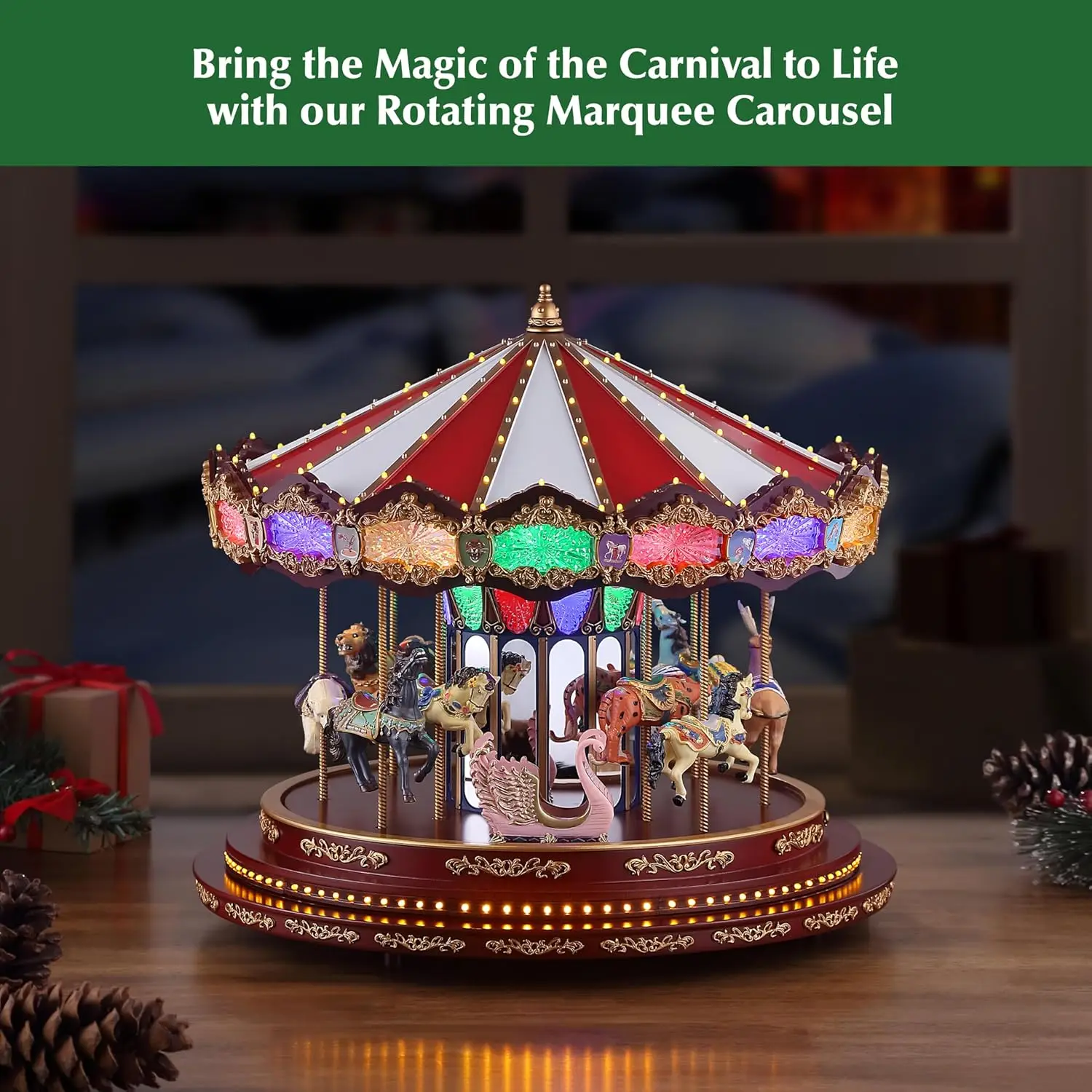 Décoration de Noël animée musicale carrousel de luxe avec lumières LED, joue de 20 chansons, 15 pouces multicolore