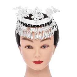 Silver Plated Moon Shaped Butterfly Flower Hairpin Hair Accessories for Women Traditional Miao Ethnic Bride Wedding Hair Jewelry