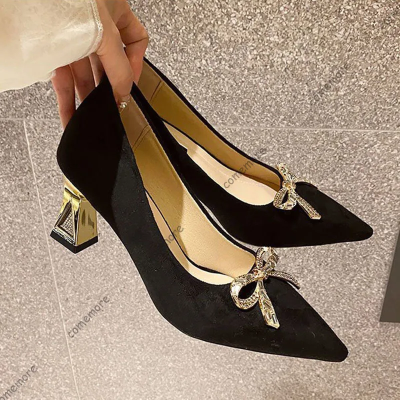 

Comemore, элегантная женская обувь, черные туфли-лодочки на высоком каблуке с острым носком, женские туфли-лодочки с бантом и стразами, модные весенне-осенние женские модельные туфли на каблуке