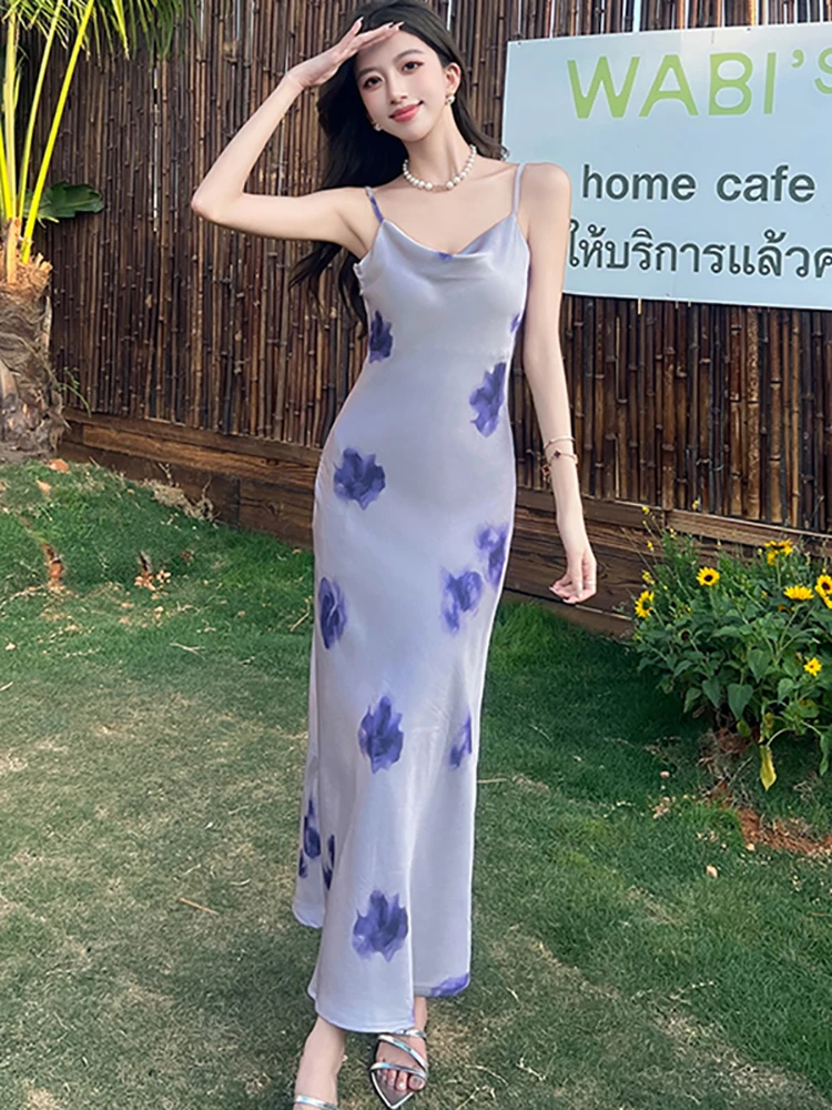 Verano púrpura satén Floral Sling Sexy vestido largo mujeres elegante Casual vestido para casa 2025 moda coreana ceñido al cuerpo Festival vestido de graduación