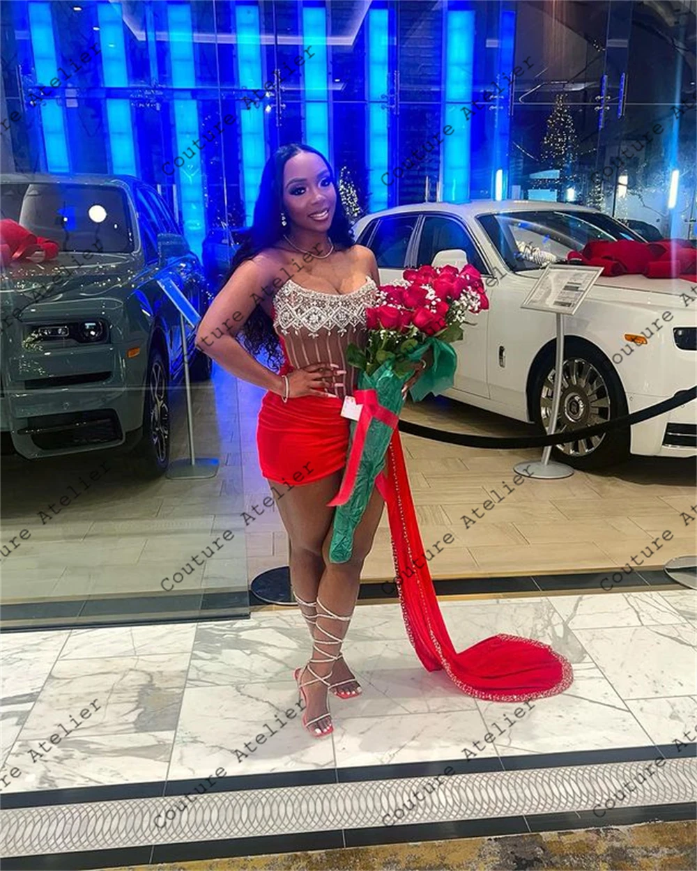 Red Velvet Christmas Day Prom Dresses For Black Girls 2024 Birthday Luxury Party Dress With Beaded Train Mermaid Gala Customized image 4
