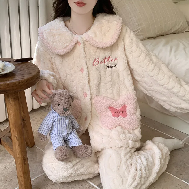 

Thickened Jacquard Female Pajamas Homewear Women's Cartoon Cute Coral Fleece Autumn Winter Sleepwear Loungewear Two Piece Set