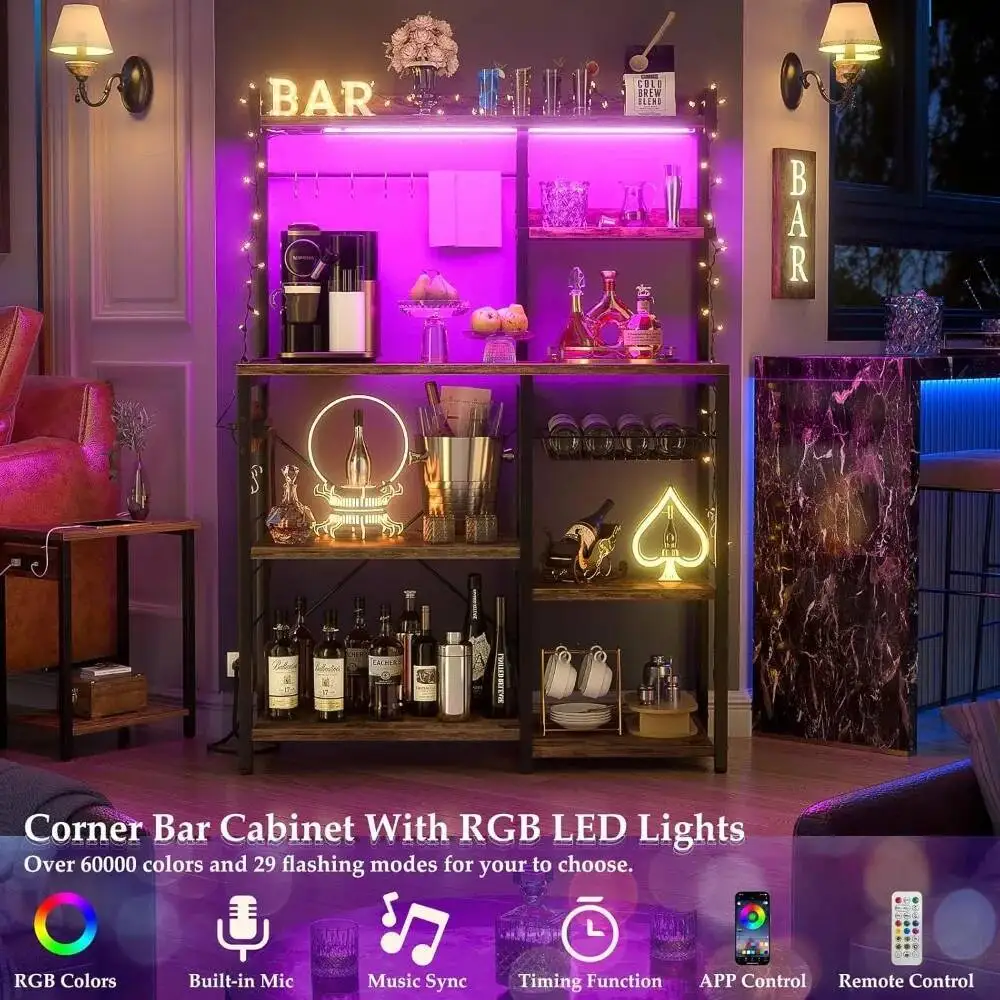 Aheaplus Bakers Rack مخرج طاقة وأوتار خفيفة، حامل فرن الميكروويف رف تخزين المطبخ مع سلة سلكية، قهوة