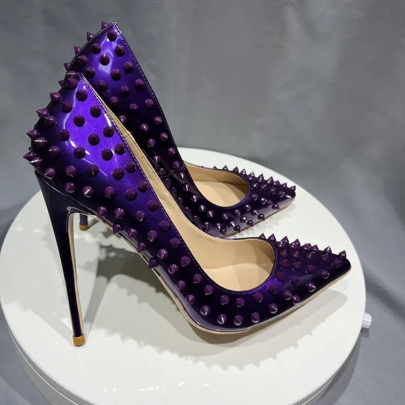 All Purple Spikes Rivets Pointed Toe Super High Heels Women Pumps Party Wedding Fashion Shoes Plus Size 42 43 44 45