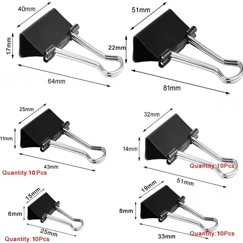 QIANKONG 10 unids/set Clips de carpeta Clips de carpeta negros Clip de papel pequeño para el hogar escuela Oficina y negocios 15/19/25/32mm estacionario