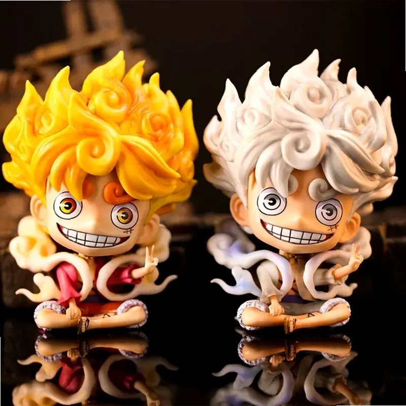 One Piece Q Version Gear 5 Sun God Nika Luffy Figure, Swappable Hands Sitting Pose Boxed Anime Model Collectible Desk