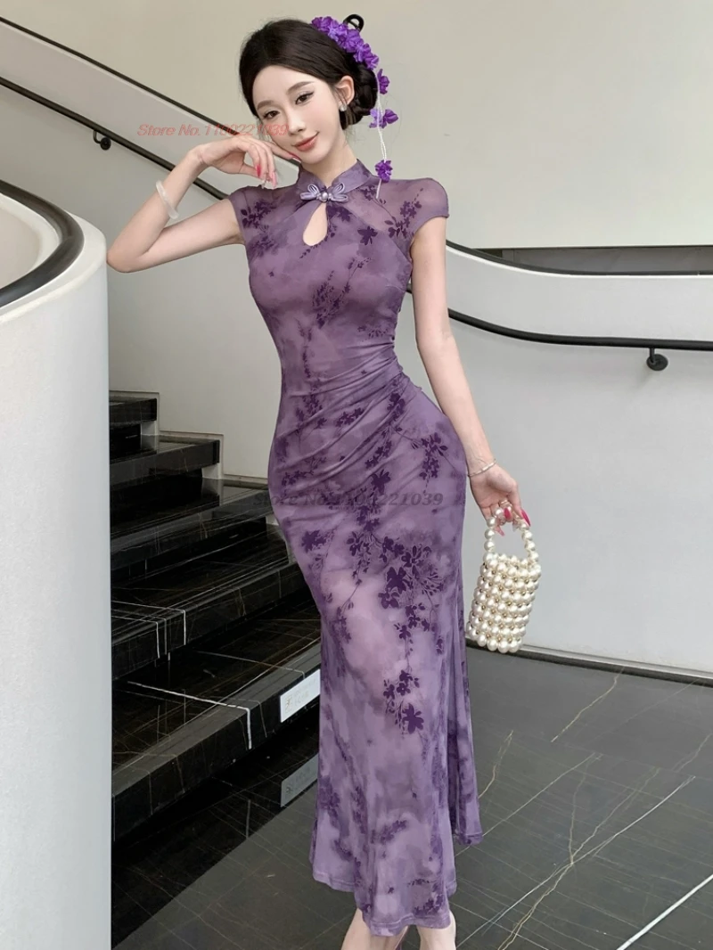 

2025 chinese improved cheongsam flower print sleeveless qipao dress vintage evening party banquet dress qipao nightclub dress