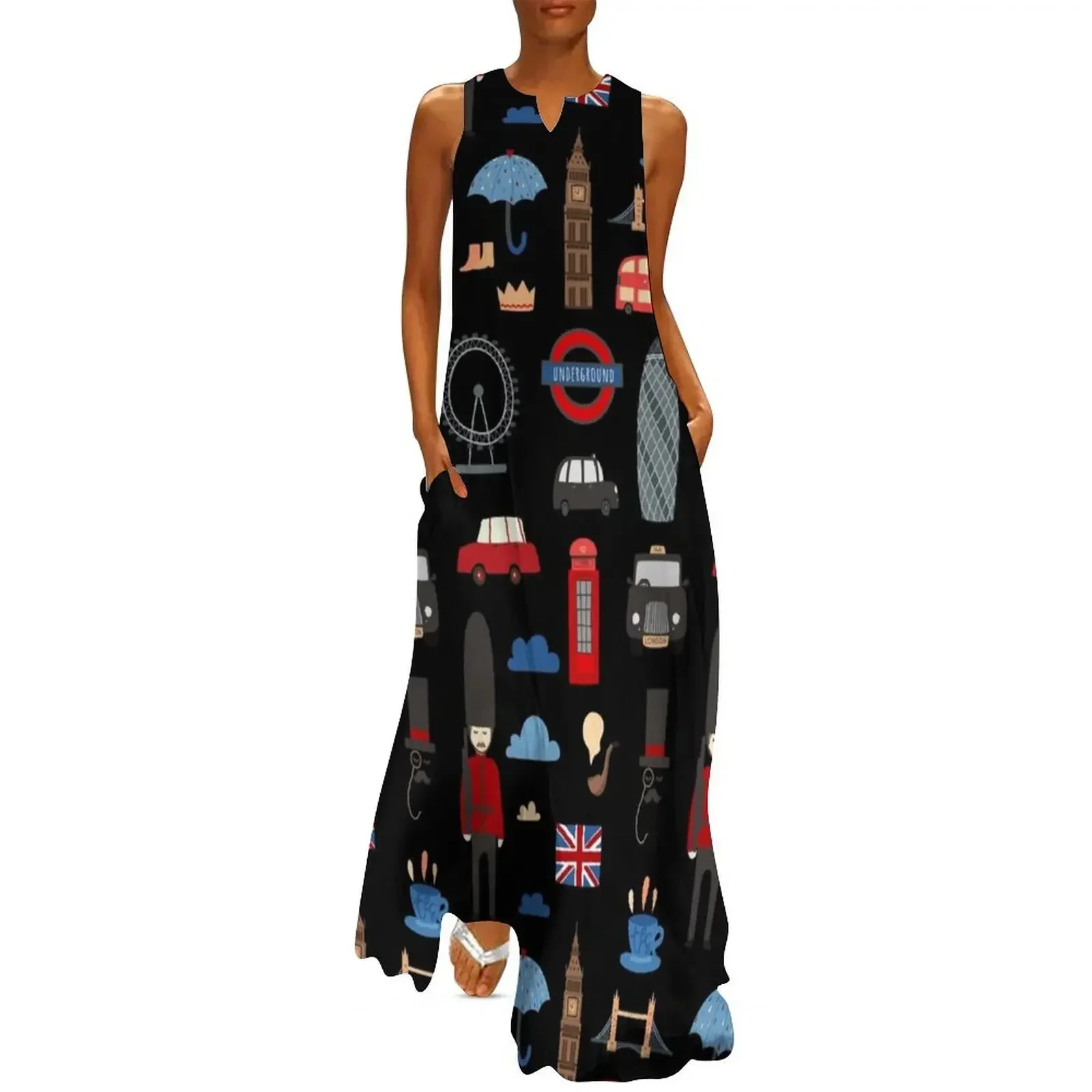 

London doodles pattern. Red bus, ferris wheel, black cab etc. Long Dress dress women summer 2025 dresses for women 2025 Dress